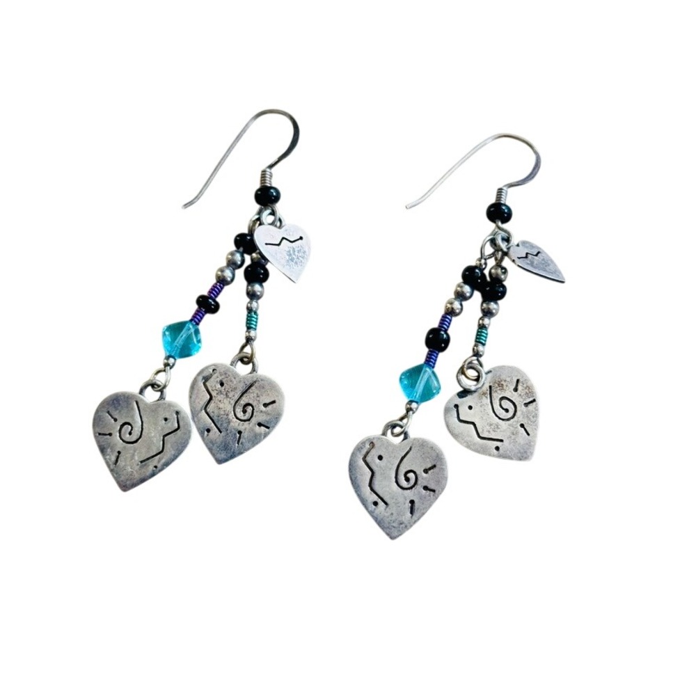 VTG Funky Flashy Heart Earrings Distressed Silver Rave Dangle 90s‎ Statement